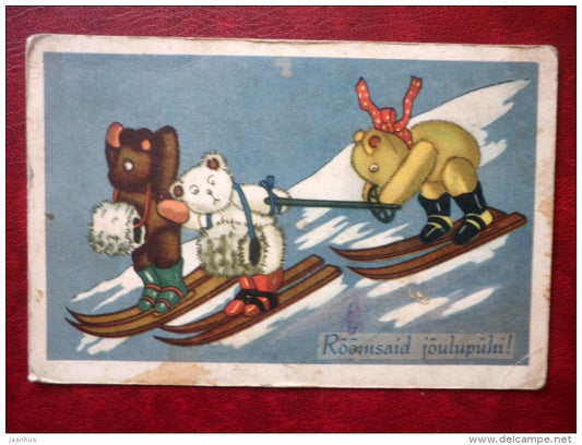Christmas Greeting Card - skiing bear dolls - 1920s-1930s - Estonia - used - JH Postcards