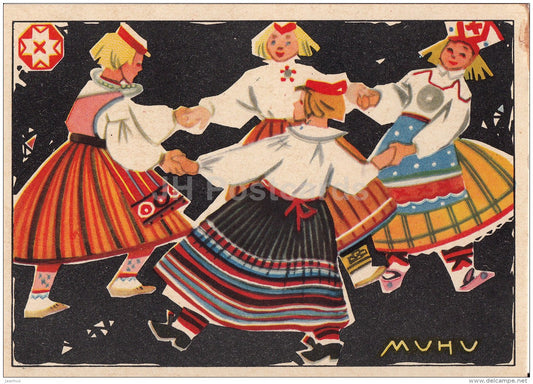 illustration by V. Tolli - Muhu - Folk Dance - Estonian Folk Costumes - 1960 - Estonia USSR - unused - JH Postcards