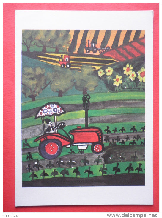 illustration - Ploughing by G. Foksha - tractor - field - France - unused - JH Postcards