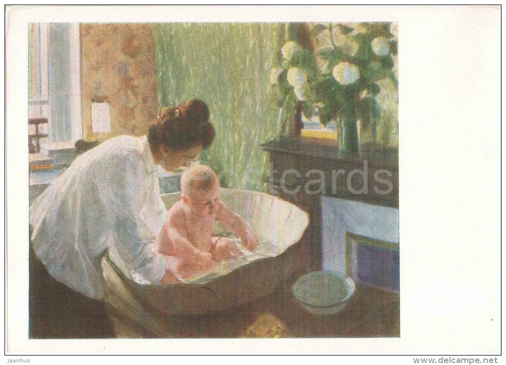 painting by B. Kustodiev - The Morning , 1904 - mother washing baby - russian art - unused - JH Postcards