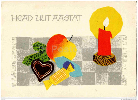 New Year greeting Card by L. Härm - candle - apple - candies - 1967 - Estonia USSR - used - JH Postcards
