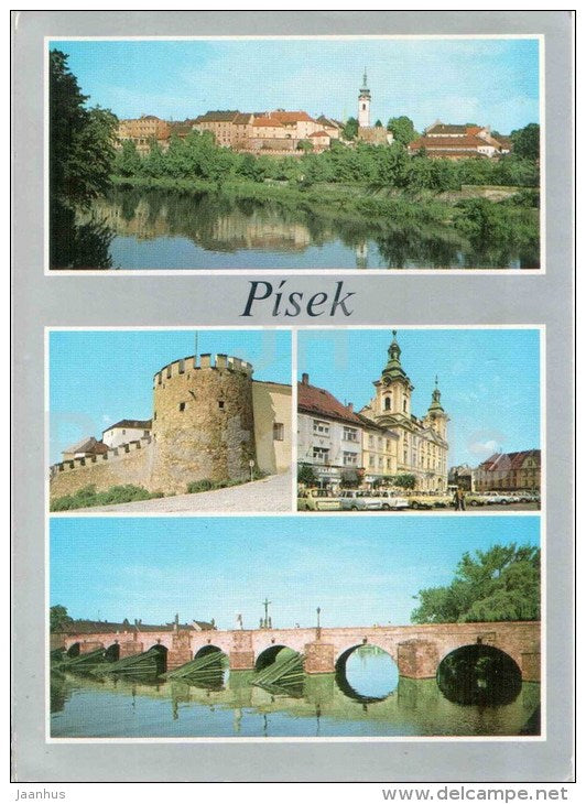 Pisek - bridge - castle - panorama - Czechoslovakia - Czech - used 1986 - JH Postcards
