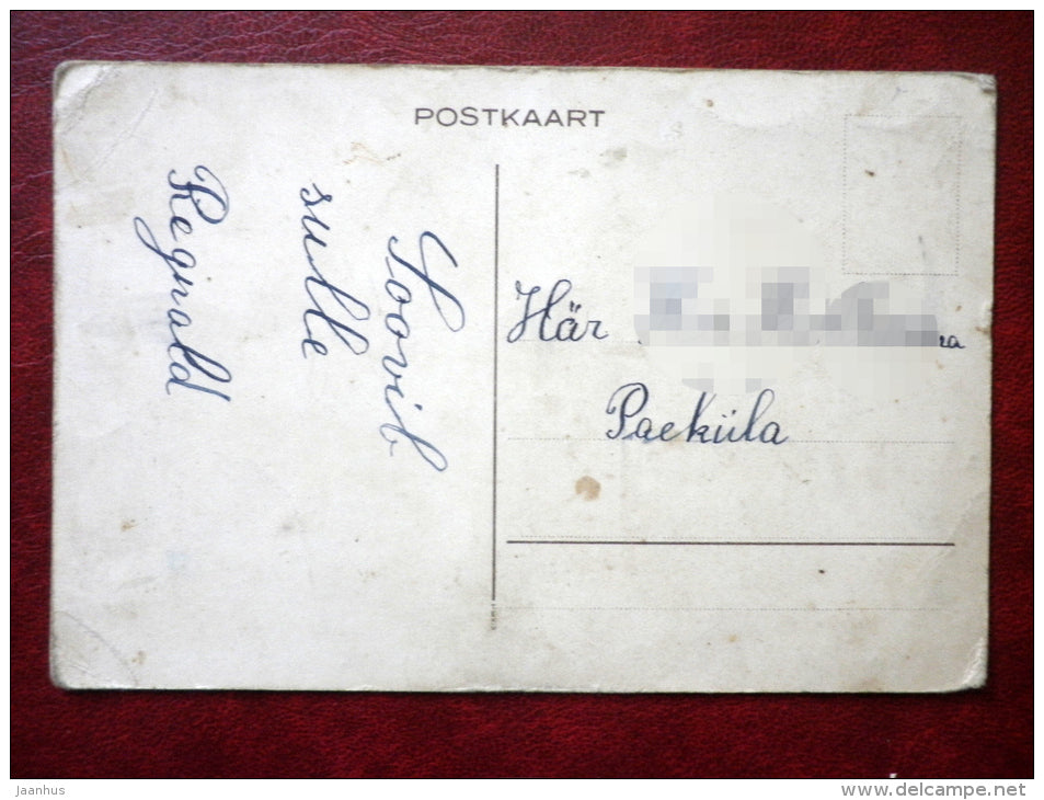 Christmas Greeting Card - skiing bear dolls - 1920s-1930s - Estonia - used - JH Postcards