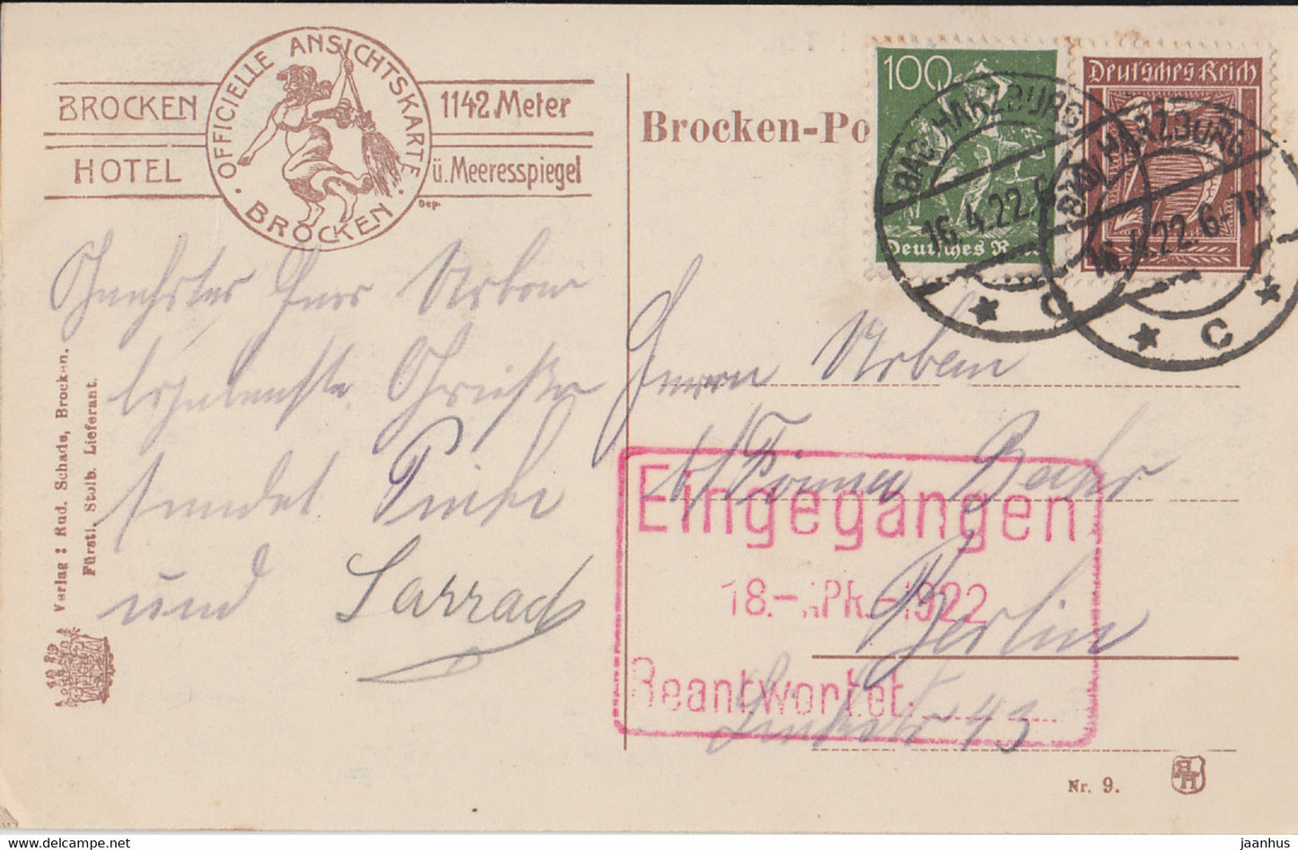 Partie am Brocken im Winter - Brocken hotel - Eingegangen - old postcard - 1922 - Germany - used