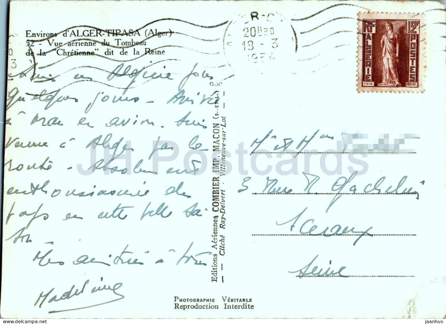 Environs de Alger Tipasa – Königliches Mausoleum von Mauretanien – 52 – alte Postkarte – 1954 – Marokko – gebraucht 