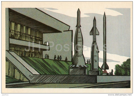 illustration by A. Karimov - Kaluga . Meteorological Rockets near Museum of Cosmonautics - 1976 - Russia USSR - unused - JH Postcards