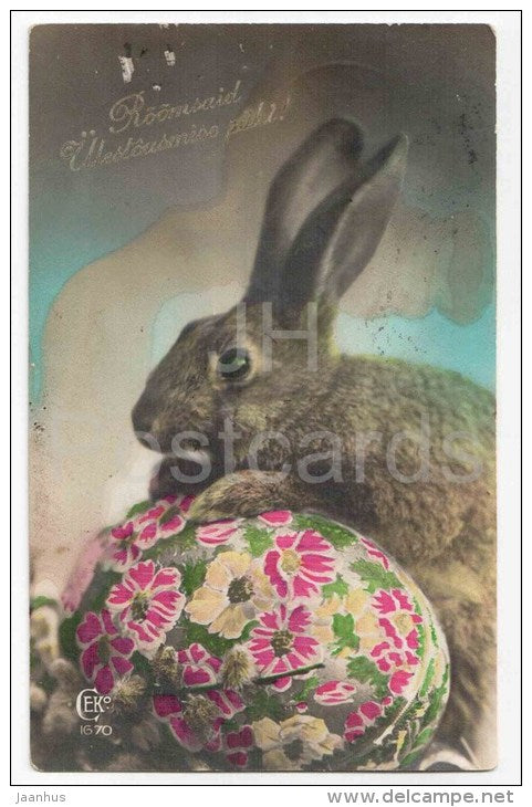 Easter Greeting Card - hare - rabbit - egg - CEKO 1670 - circulated in Estonia Tallinn 1929 - JH Postcards