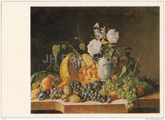 painting by I. Kozlovsky - Still Life , 1858 - grape - pumpkin - white rose - Russian art - 1974 - Russia USSR - unused - JH Postcards