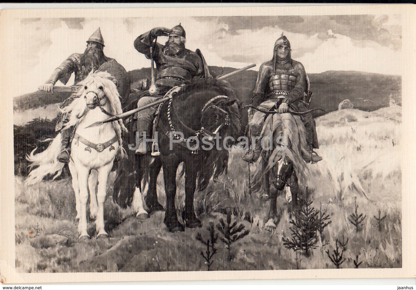 painting by V. Vasnetsov - Bogatyrs - horse - fairy tale - 1963 - Russia USSR - unused - JH Postcards