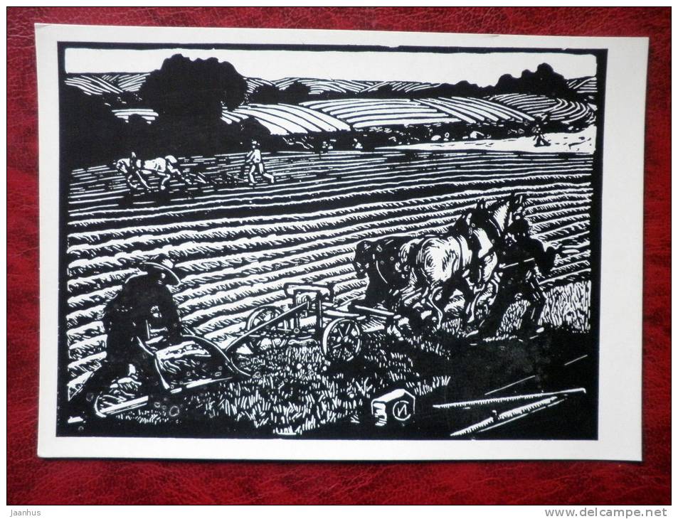 Engraving by I. A. Sokolov - the plow , 1921 - russian art - unused - JH Postcards