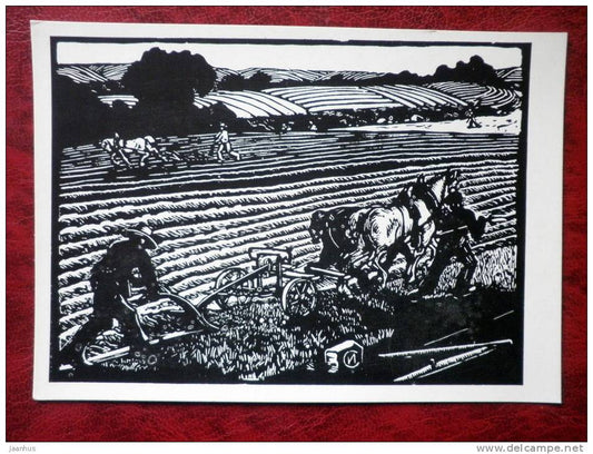 Engraving by I. A. Sokolov - the plow , 1921 - russian art - unused - JH Postcards