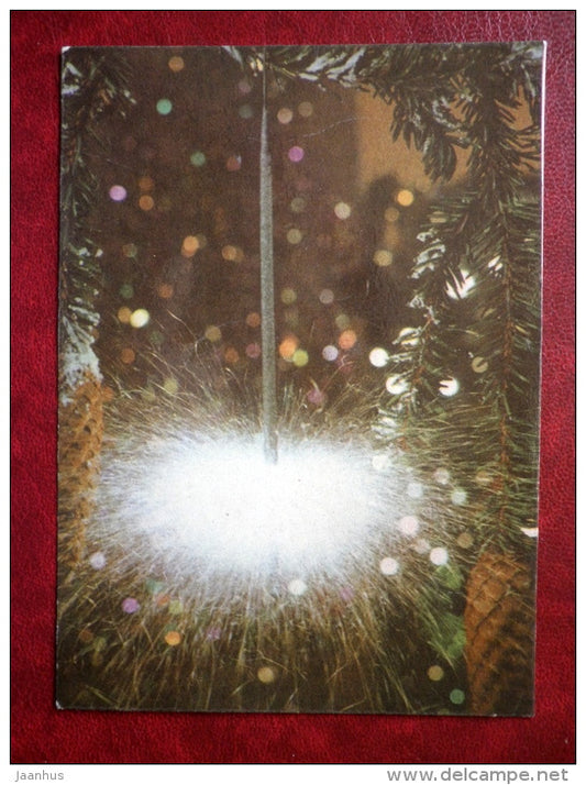 New Year Greeting card - sparkler - cones - 1971 - Estonia USSR - used - JH Postcards