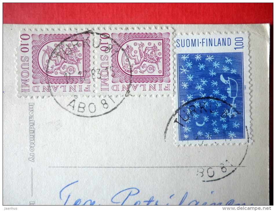 Christmas Greeting Card - girl with puppet - bullfinch - tit - Finland - sent from Finland Turku to Estonia USSR 1983 - JH Postcards