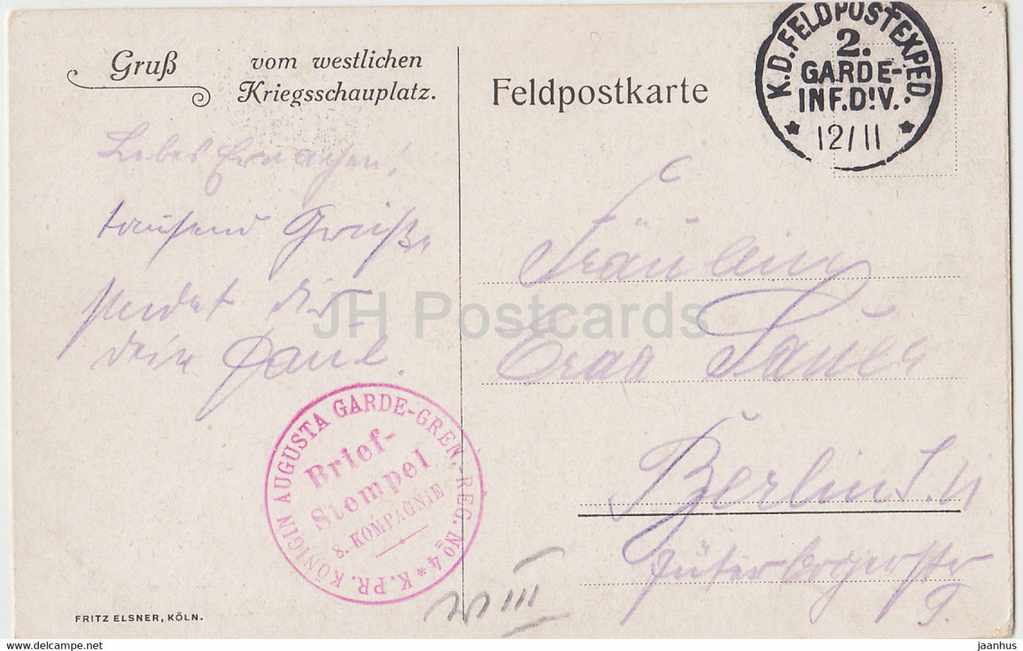 Gruss vom westlichen Kriegsschauplatz - Konigin Augusta Garde Gren Feldpostkarte - alte Ansichtskarte - Frankreich - gebraucht