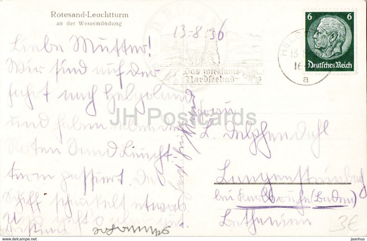 Rotesand Leuchtturm an der Wesermundung - phare - carte postale ancienne - 1936 - Allemagne - utilisé
