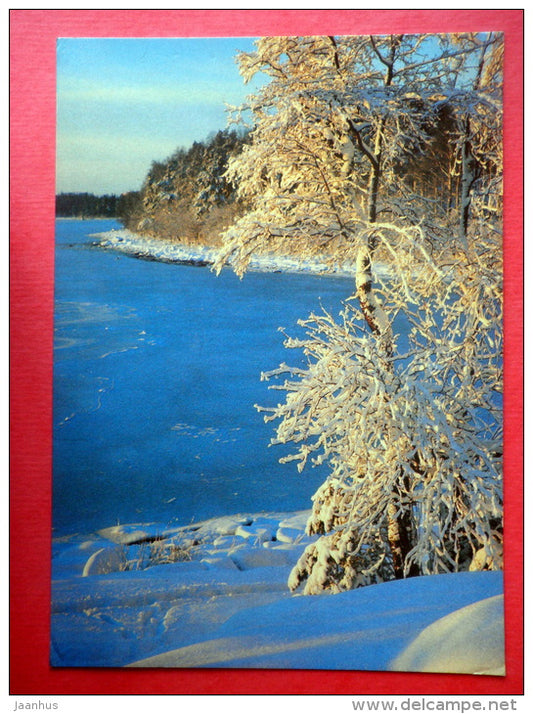 Christmas Greeting Card - winter landscape - lake - Lahti skiing Finland - sent from Finland Turku to Estonia USSR 1989 - JH Postcards
