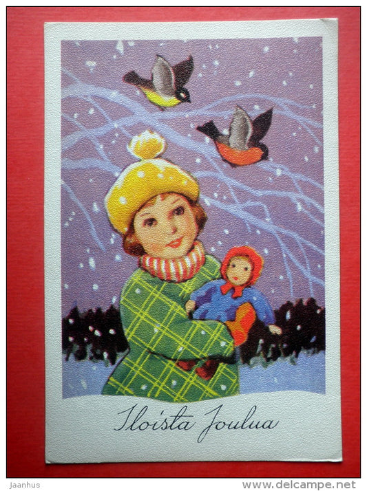 Christmas Greeting Card - girl with puppet - bullfinch - tit - Finland - sent from Finland Turku to Estonia USSR 1983 - JH Postcards