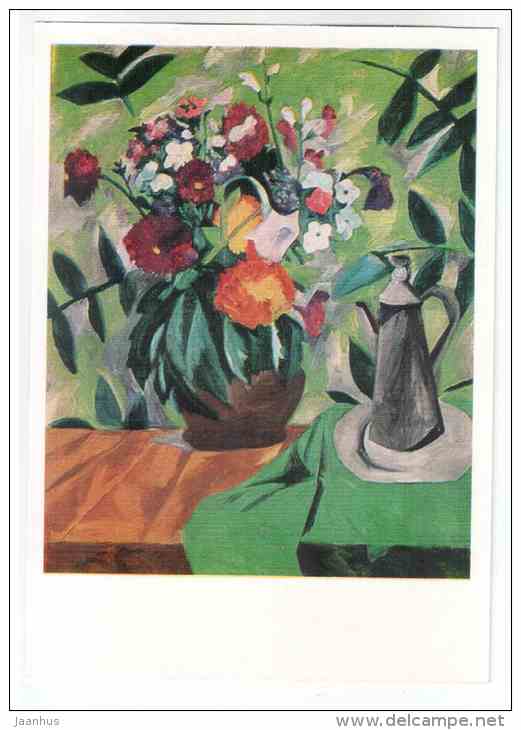 painting by N. S. Goncharova - Flowers and Coffee-Pot - still life - russian art - unused - JH Postcards