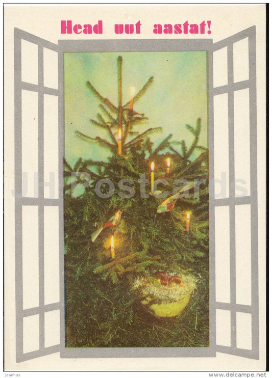 New Year Greeting card - fir tree - candles - decorations - 1976 - Estonia USSR - unused - JH Postcards