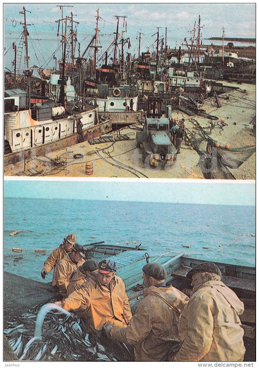 Collective Fishing Farm harbour - fishing ship - fishermen at sea - Hiiumaa island - 1990 - Estonia USSR - unused - JH Postcards