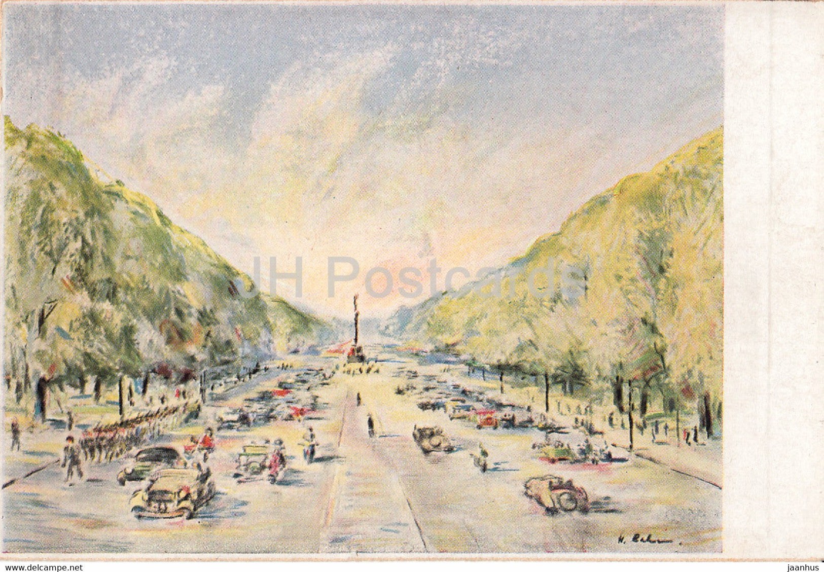painting by H. Rahn - Neue Prachtstrasse in Berlin - German art - Germany - unused - JH Postcards
