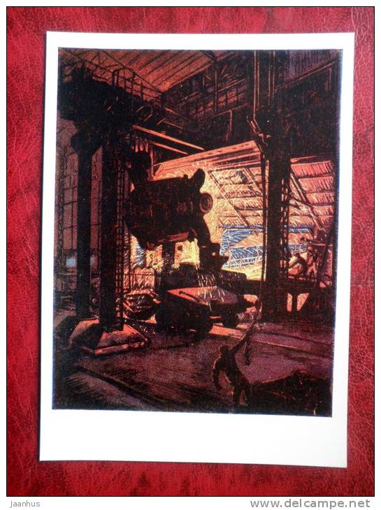 Engraving by I. A. Sokolov - Cast iron on the conveyor, 1936 - russian art - unused - JH Postcards