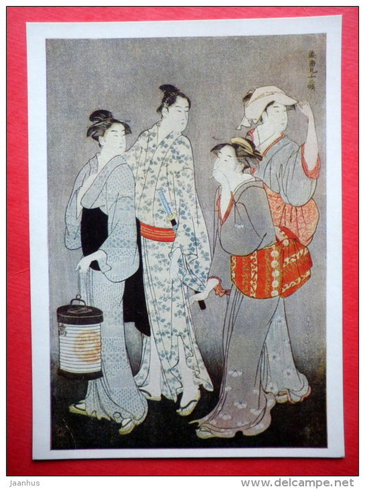engraving by Torii Kiyonaga - A Walk - women - Japanese colour print - japanese art - unused - JH Postcards