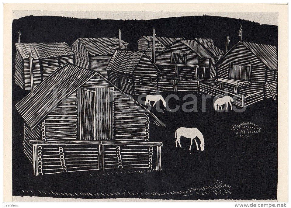 engraving by V. Popkov - Village - horses - Soviet engraving - Russian art - 1968 - Russia USSR - unused - JH Postcards