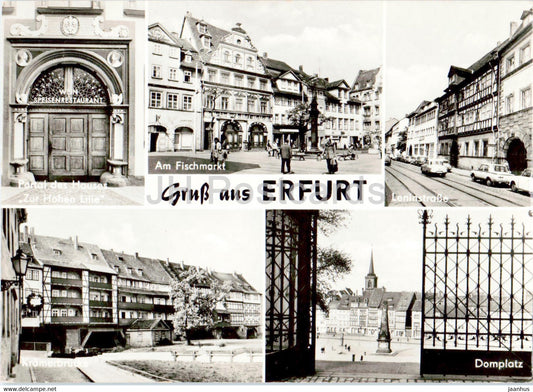 Gruss aus Erfurt - Leninstrasse - Kramerbrucke - Domplatz - Am Fischmarkt - car - Germany DDR - unused - JH Postcards