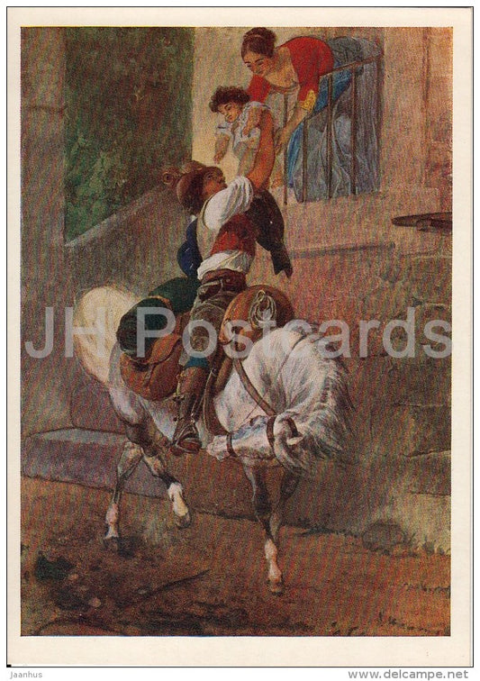 painting by K. Bryullov - The Revival of Roman Shepherd Home - horse - Russian art - 1956 - Russia USSR - unused - JH Postcards