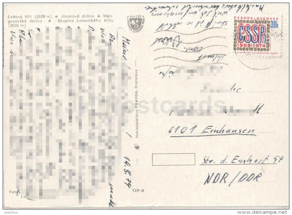 Ladovy peak - Tatra - Javorova valley - Mengusovska valley - mountains - Slovakia - used 1974 - JH Postcards