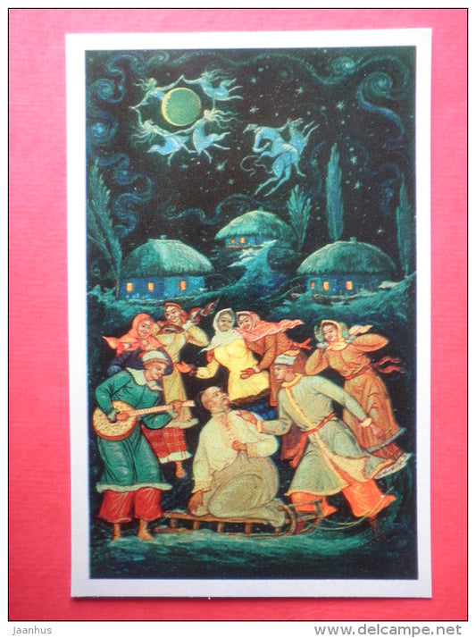 illustration by A. Kurkin - Pan Golova - sleigh - Christmas Eve by N. Gogol - 1976 - Russia USSR - JH Postcards