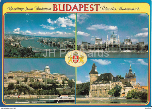 Greetings from Budapest - parliament - bridge - castle - architecture - 1995 - Hungary - used - JH Postcards