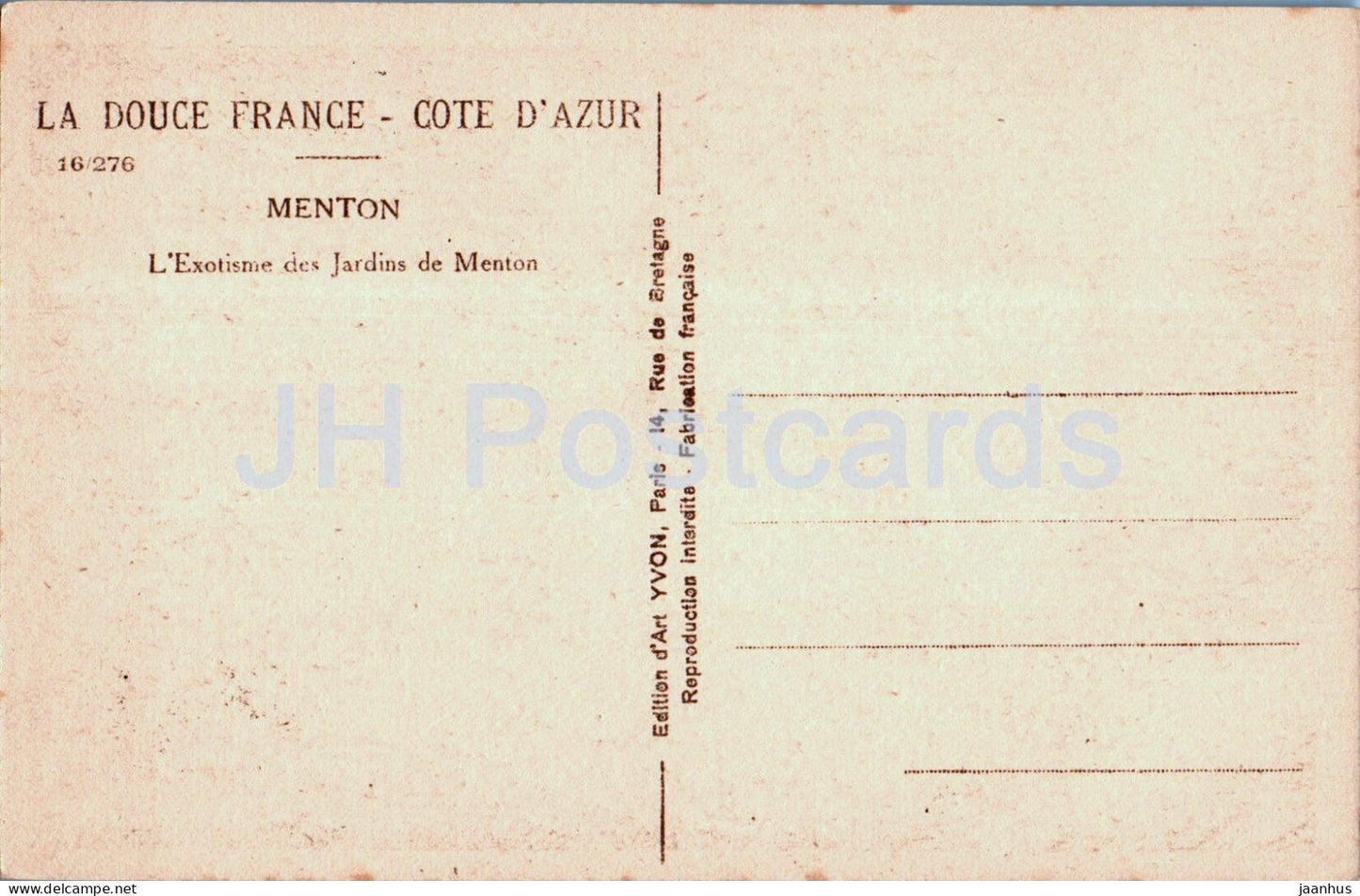 Menton - L'Exotisme des Jardins de Menton - La Douce Frankreich - Côte d'Azur - alte Postkarte - Frankreich - unbenutzt 