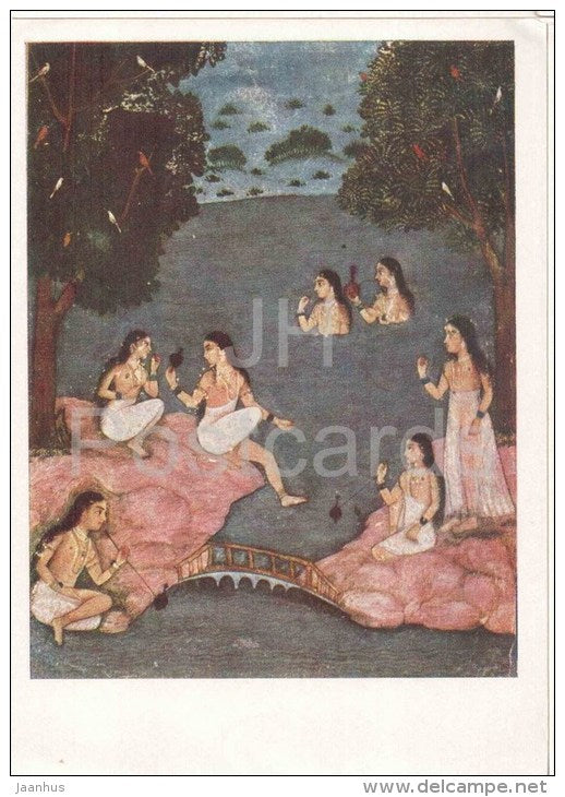 Bathing scene , Mughal School - women - Indian Miniature - India - 1957 - Russia USSR - unused - JH Postcards