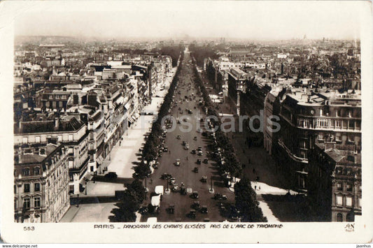 Paris - Panorama des Champs Elysees Pris de L'Arc de Triomphe - 553 - old postcard - France - used - JH Postcards