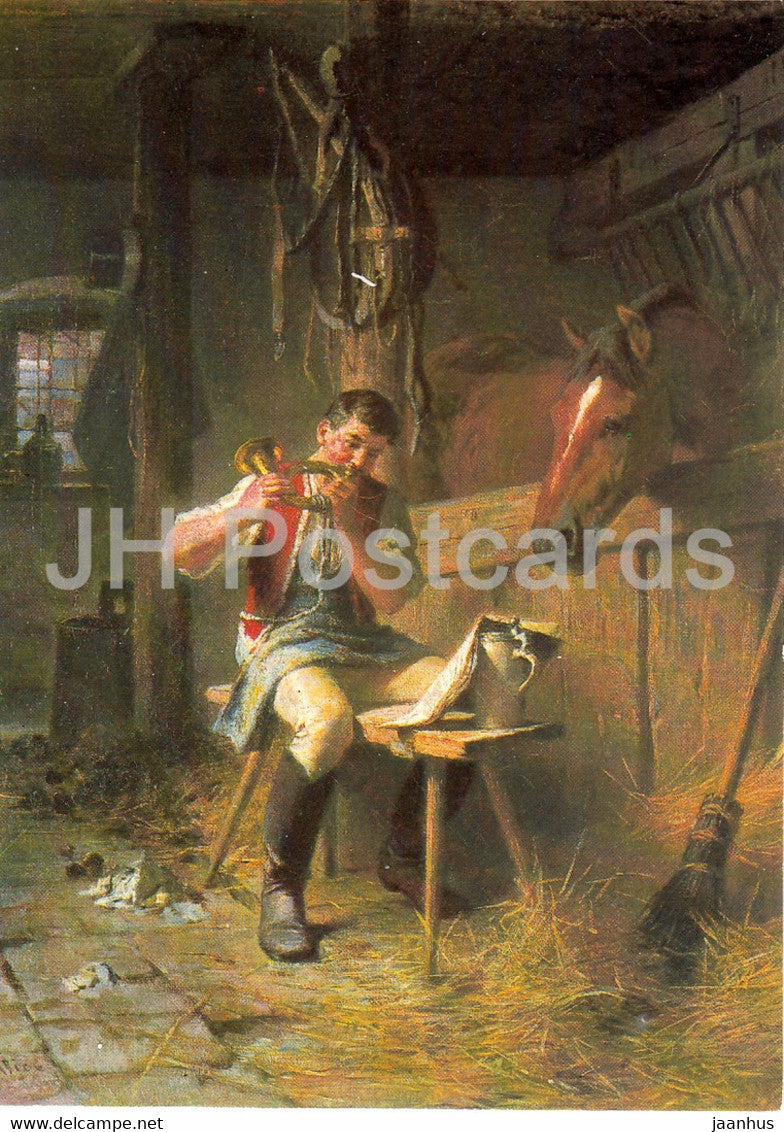 painting by Ortlieb - Posthornklange - Bayrischer Postillion 1890 - postman - horse - posthorn - Germany - unused - JH Postcards