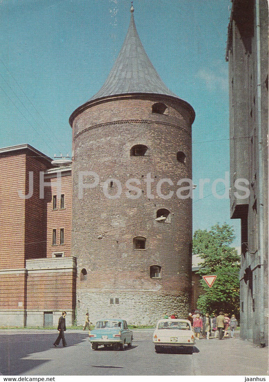 Riga - Powder Tower - car Volga Moskvich - postal stationery - 1980 - Latvia USSR - used - JH Postcards