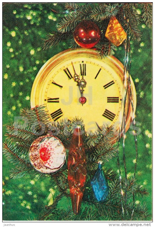 New Year Greeting card - clock - decorations - telegram - 1980 - Russia USSR - used - JH Postcards