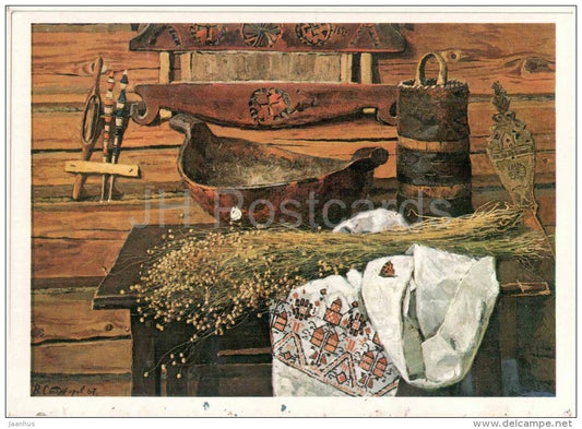 painting by V. Stozharov - Still Life . Flax , 1969 - vessel - russian art - unused - JH Postcards