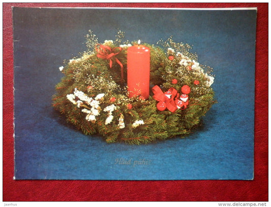 Christmas Greeting card - Christmas wreath - candle - 1990 - Estonia USSR - used - JH Postcards