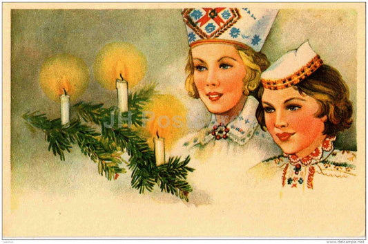 Christmas greeting card - candles - women in estonian folk costumes - REPRODUCTION ! - 1988 - Estonia USSR - unused - JH Postcards