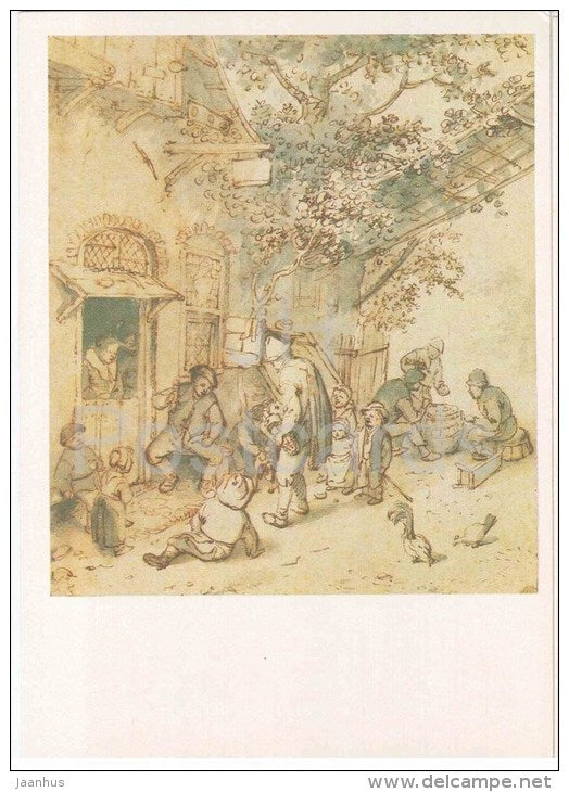 drawing by Adriaen van Ostade - Piper front of the house of village shops - dutch art - unused - JH Postcards