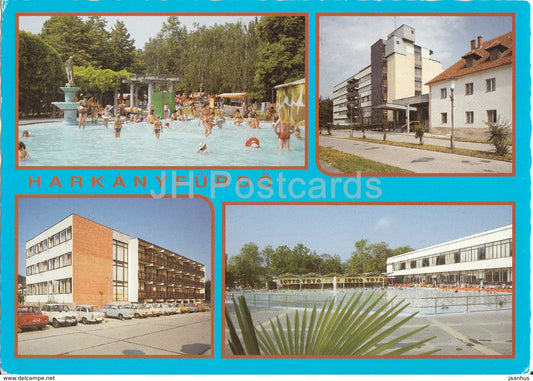 Harkanyfurdo - pool - hotel - cars - architecture - multiview - 1993 - Hungary - used - JH Postcards