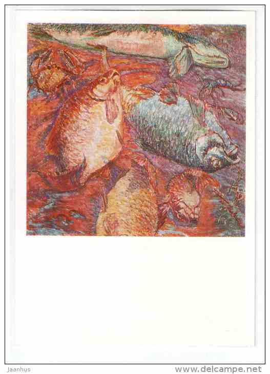 painting by M. F. Larionov - Fishes and Sunset - still life - bream - pike - russian art - unused - JH Postcards