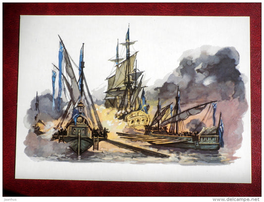 Battle of Gangut - by I. Rodinov - swedish , russian warships - 1975 - Russia USSR - unused - JH Postcards