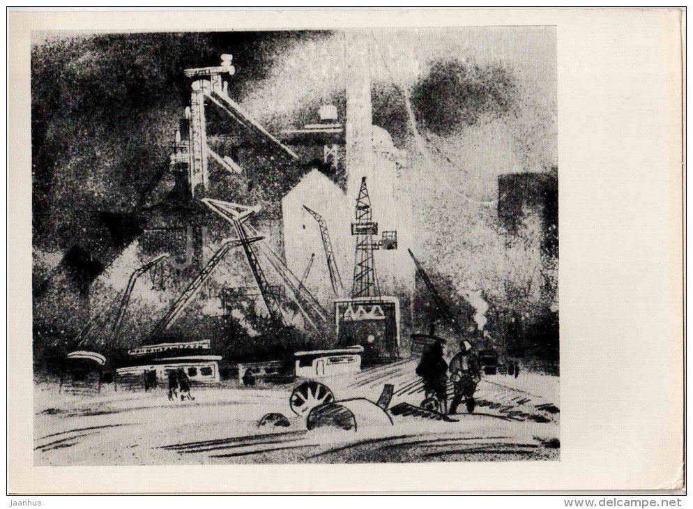 painting by V. Vetrogonsky - On a cold day , 1969 - industry - plant - russian art - unused - JH Postcards