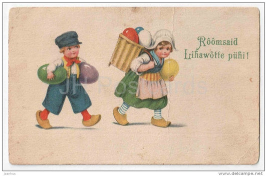 Easter Greeting Card - boy and girl - eggs  - Amag 0144 - circulated in Estonia Tallinn 1925 - JH Postcards