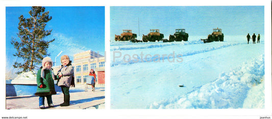 house of culture of the state farm Yerkishlinsky - snow retention - tractor - children - 1976 - Kazakhstan USSR - unused - JH Postcards
