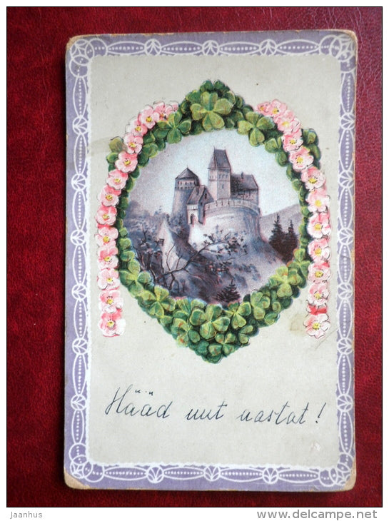 Greeting Card - flowers - castle - pillow - 3014 - circulated in 1912 in Estonia - Germany - used - JH Postcards